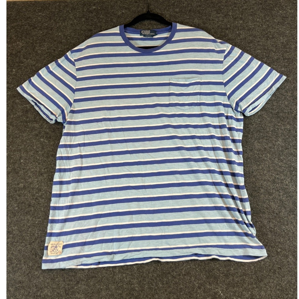 Vintage 90s Polo Ralph Lauren Striped Pocket T-Shirt Blue Marine Patch Mens XL